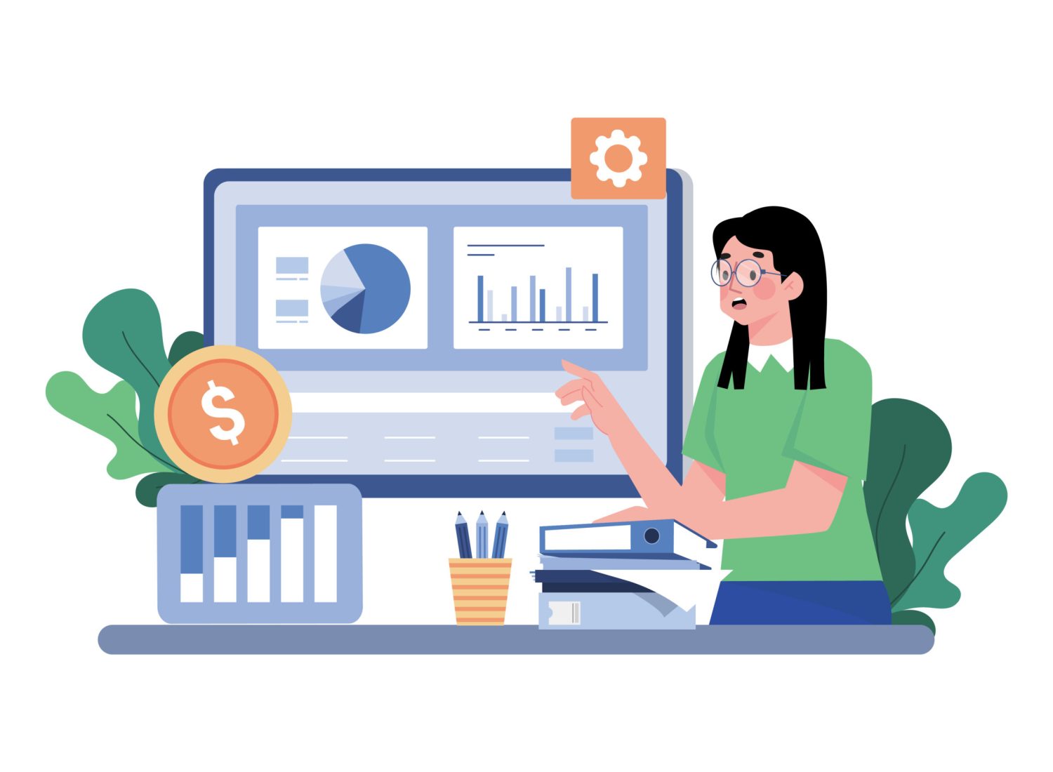 Woman analyzing financials Illustration concept on white background